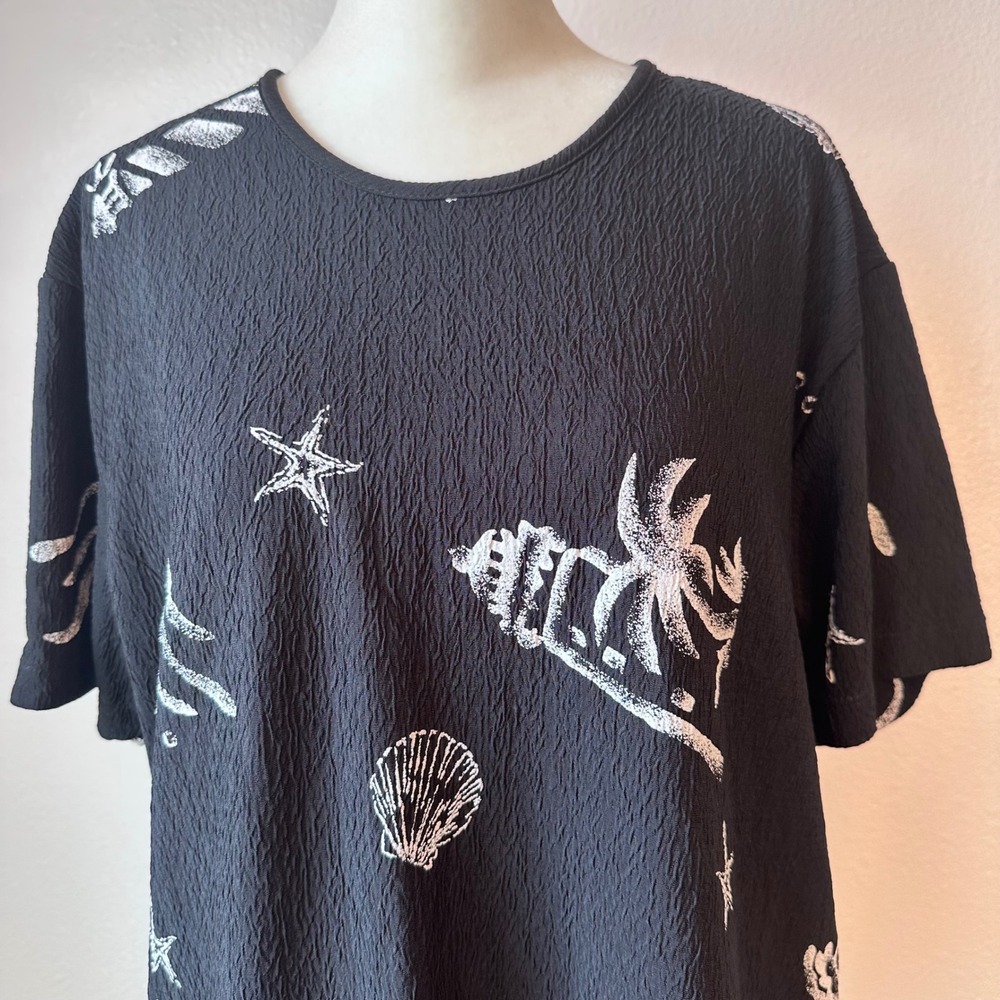 Nautical Seashell Print Top Women L Black Beachy Boho Coastal